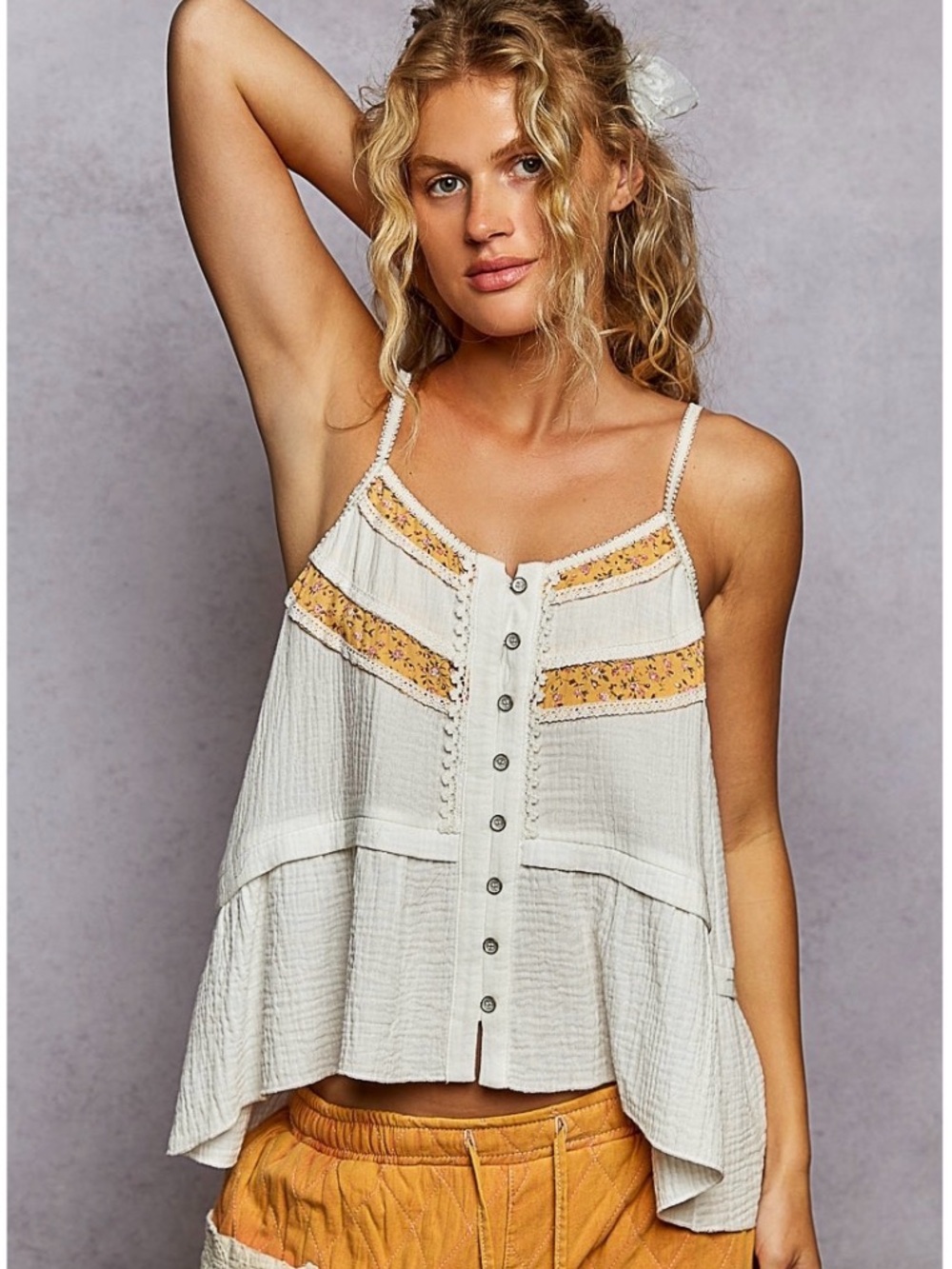 POL NWT Boho Button-Front White & Yellow Floral Tank with adjustable straps